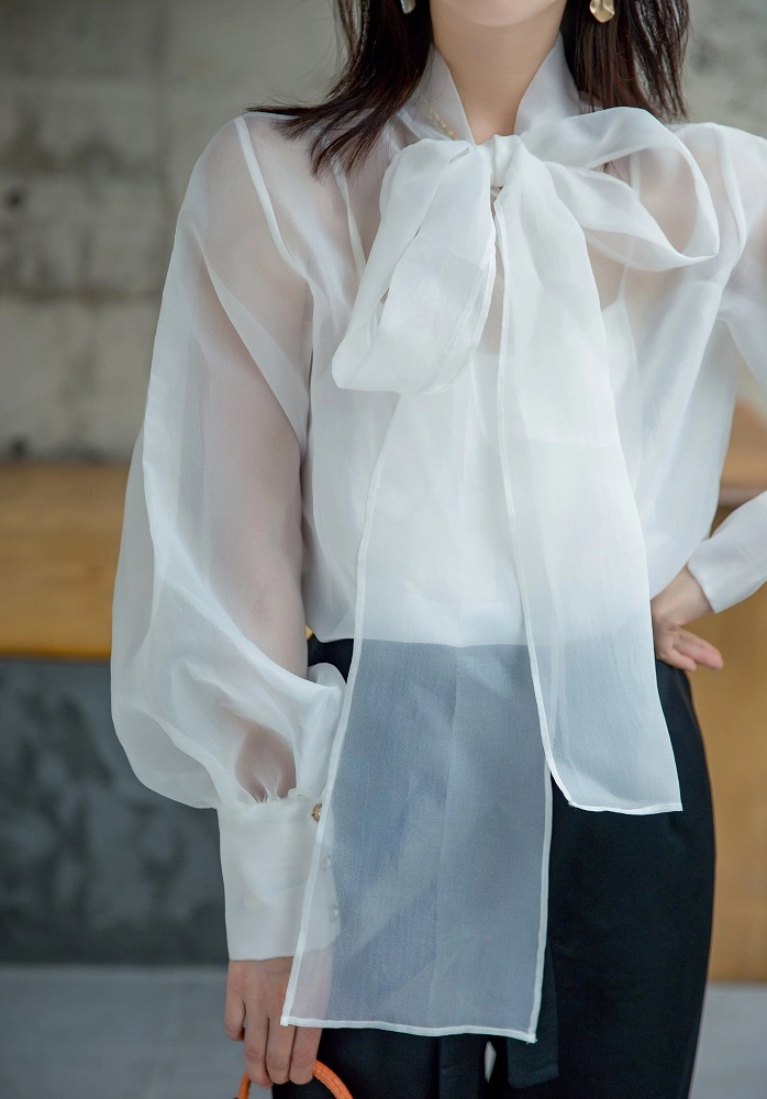White Lantern Sleeve Bowknot Blouse | Olivia - Loona