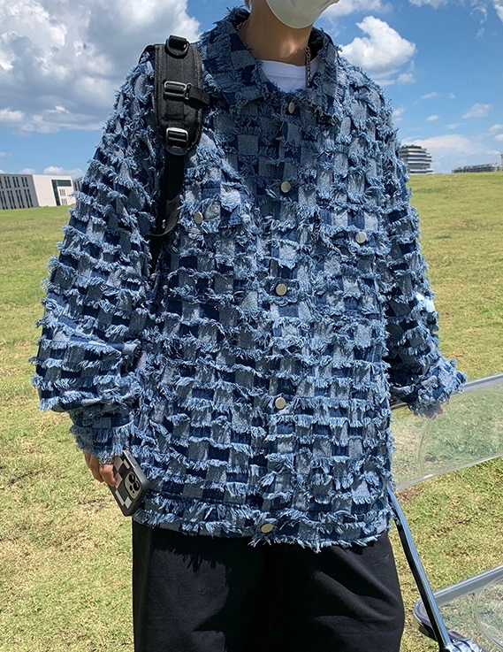 【SEOOOCOOKIE】 Laurian checkered jacket ★韓国の人気★ Blue Raw Trimmed Checkered Jacket | LeeKnow - Stray Kids