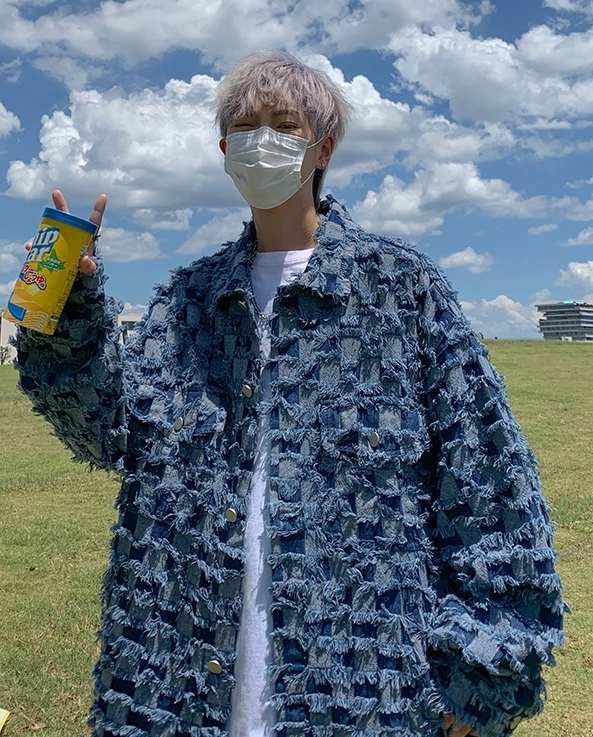 【SEOOOCOOKIE】 Laurian checkered jacket ★韓国の人気★ Blue Raw Trimmed Checkered Jacket | LeeKnow - Stray Kids