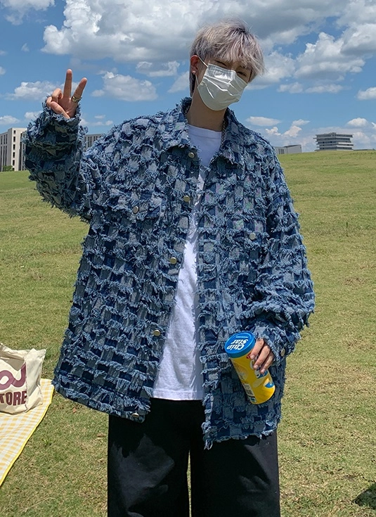 Blue Raw Trimmed Checkered Jacket | LeeKnow - Stray Kids - Fashion