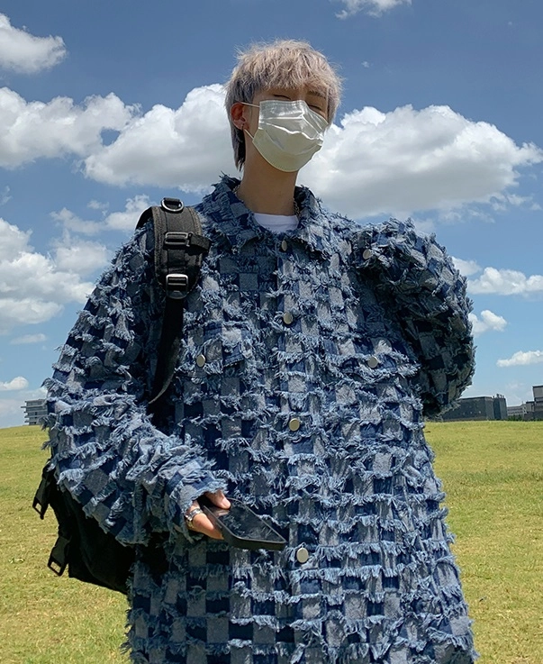 Blue Raw Trimmed Checkered Jacket | LeeKnow - Stray Kids