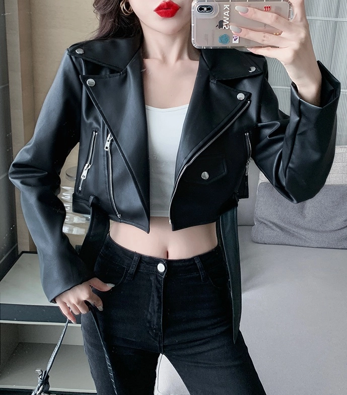 Black Cropped Synthetic Leather Jacket | Sanha - Astro