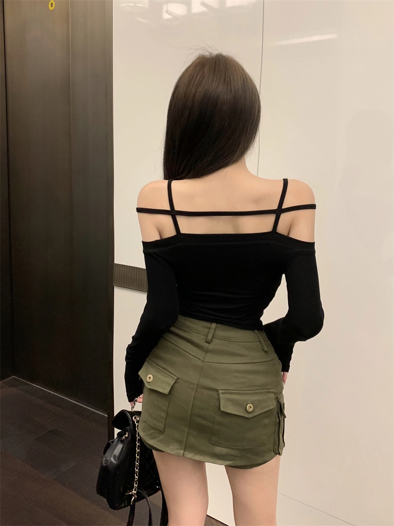 NOFFICIALNOFFICE★韓国人気 SPAN VELVET RAGLAN TOP BLACK/PINK White Off-Shoulder Top With String Details | Jennie