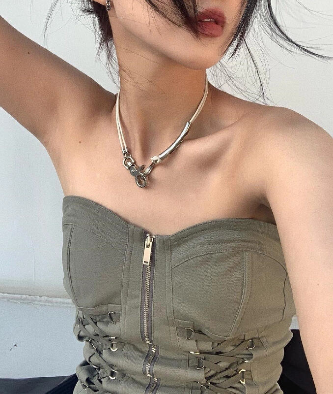 Grey Zip Up Bustier Tube Top With Lace Details | SuA