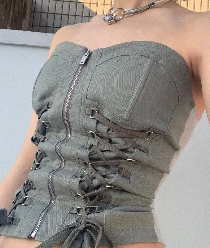 Grey Zip Up Bustier Tube Top With Lace Details | SuA