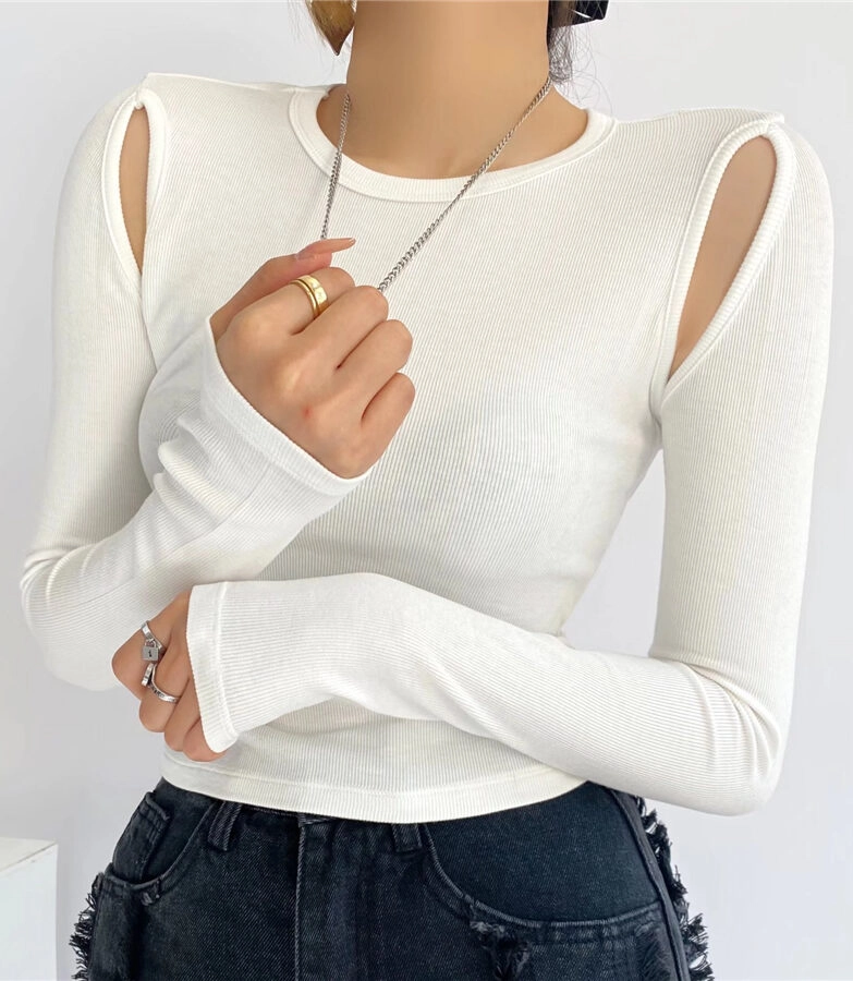 カットソー(長袖/七分) IRENE  Cut Out Detail Knit tops White Shoulder Cut Out Top | Irene - Red Velvet - Fashion Chingu