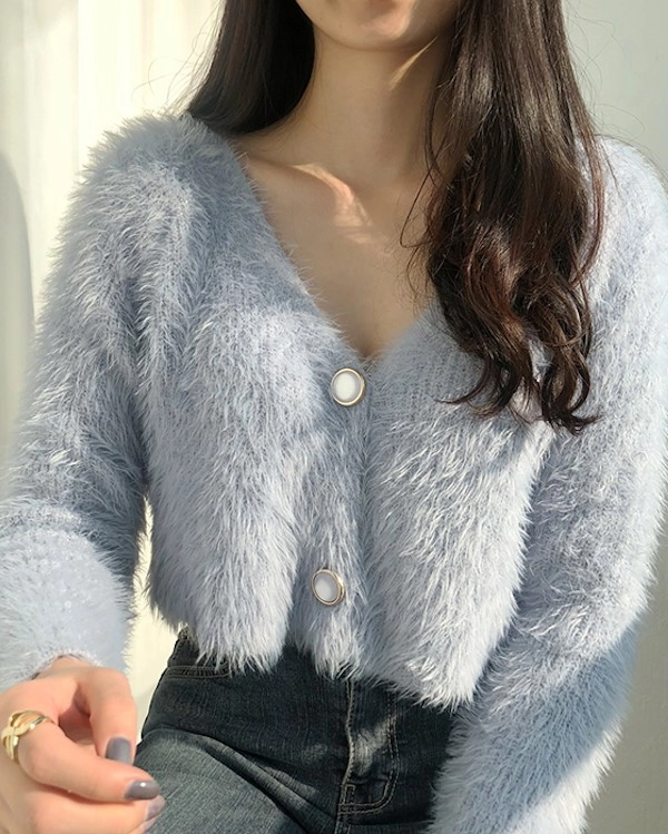 Blue Fluffy Cropped Cardigan | Sihyeon - Everglow - Fashion