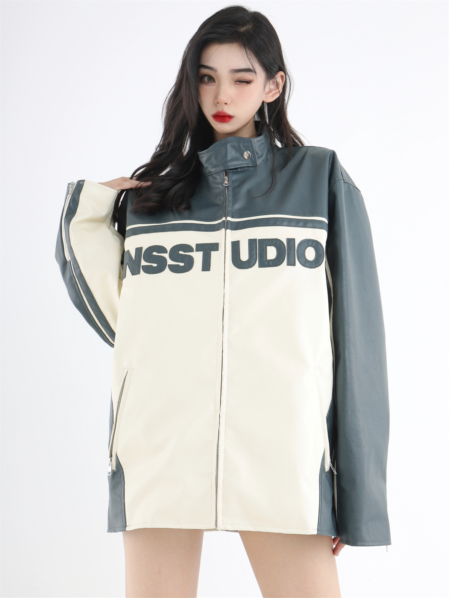 パンツ IONSEOUL Color matching leather blouson BBJ49 FAUX LEATHER BLOUSON(F IVORY): OUTERjosemoon