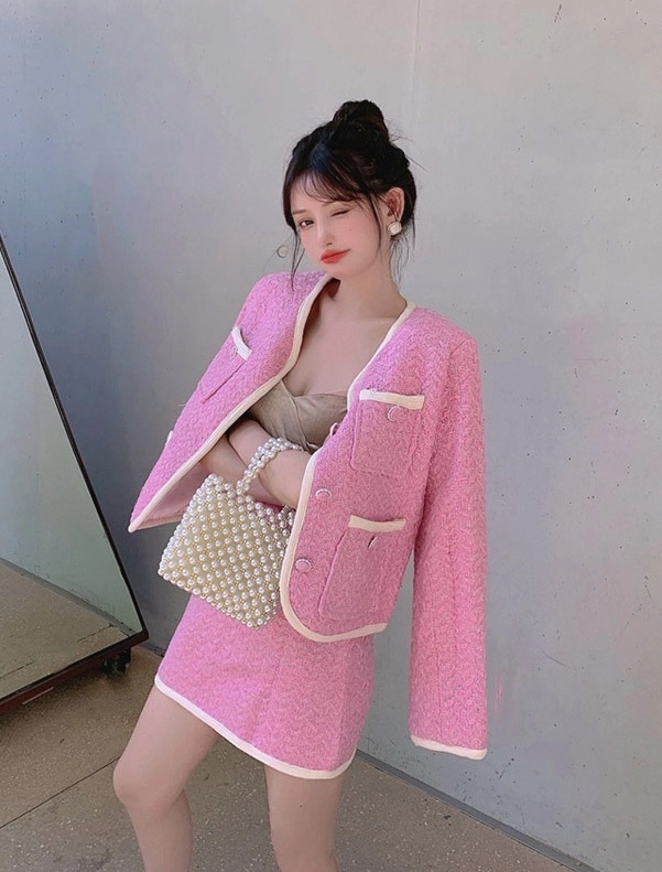 トップス sketch check tweed vest pink Tweed V-Neck Cropped Sleeveless Vest Top Pink - Southern