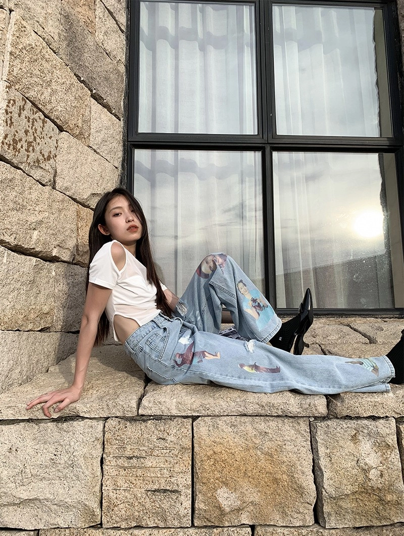 Light Blue Denim Graphic Jeans | Wooyoung - ATEEZ - Fashion