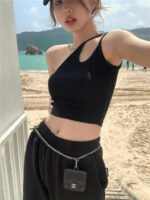 Black One Shoulder Dual Sling Crop Top | Haerin - NewJeans
