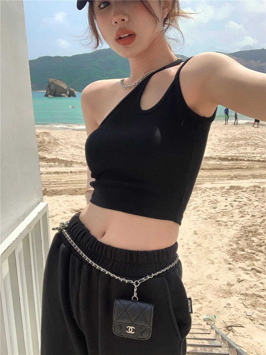 Black One Shoulder Dual Sling Crop Top | Haerin - NewJeans