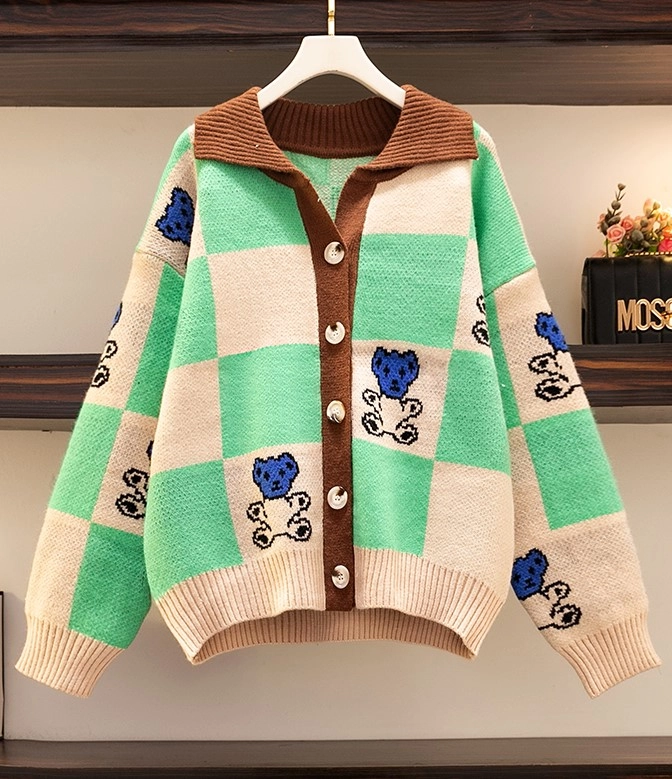 Green Checkered Bear Cardigan | Beomgyu - TXT - Fashion Chingu