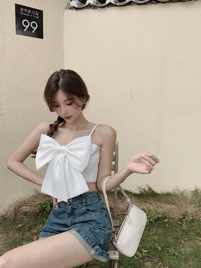 K-POP・アジア white_bunny White Bowknot Cropped Top | Ningning - Aespa - Fashion Chingu