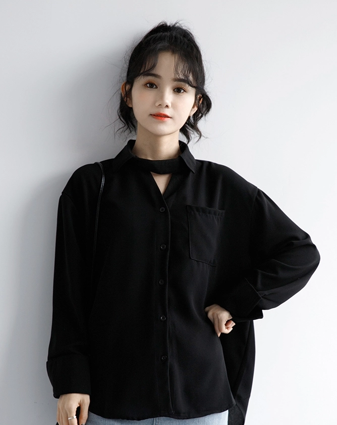 Black Long Sleeve Neck Strap Shirt - Fashion Chingu