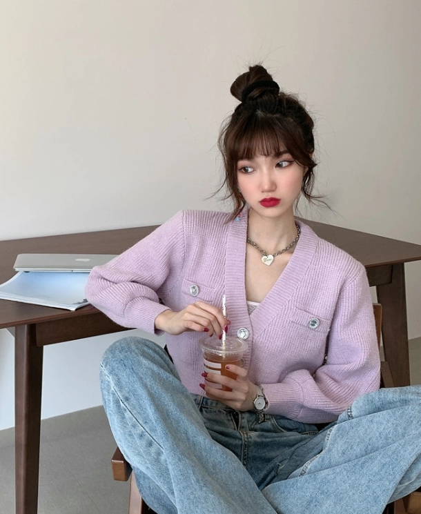 Pink Cropped V-Neck Cardigan | Jennie - Blackpink - Fashion