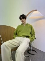 Green Half Zipper Knitted Sweater | Sunghoon - Enhypen