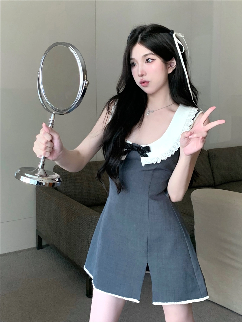 【PORTERNA】Jisoo Collar Short One Piece Grey Peterpan Wide Collar Dress | Jisoo - BlackPink