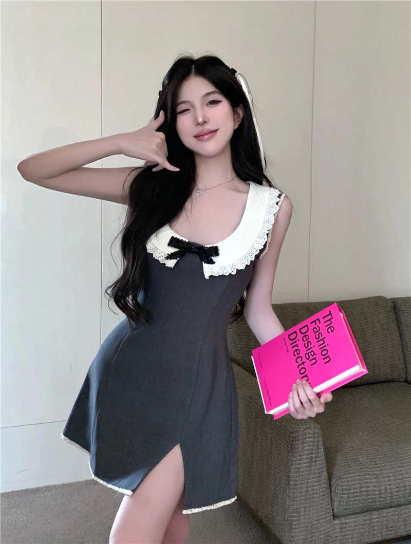 【PORTERNA】Jisoo Collar Short One Piece Grey Peterpan Wide Collar Dress | Jisoo - BlackPink