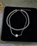 Silver Crystal Embezzled Pearl Layered Necklace | Shin Ha Ri