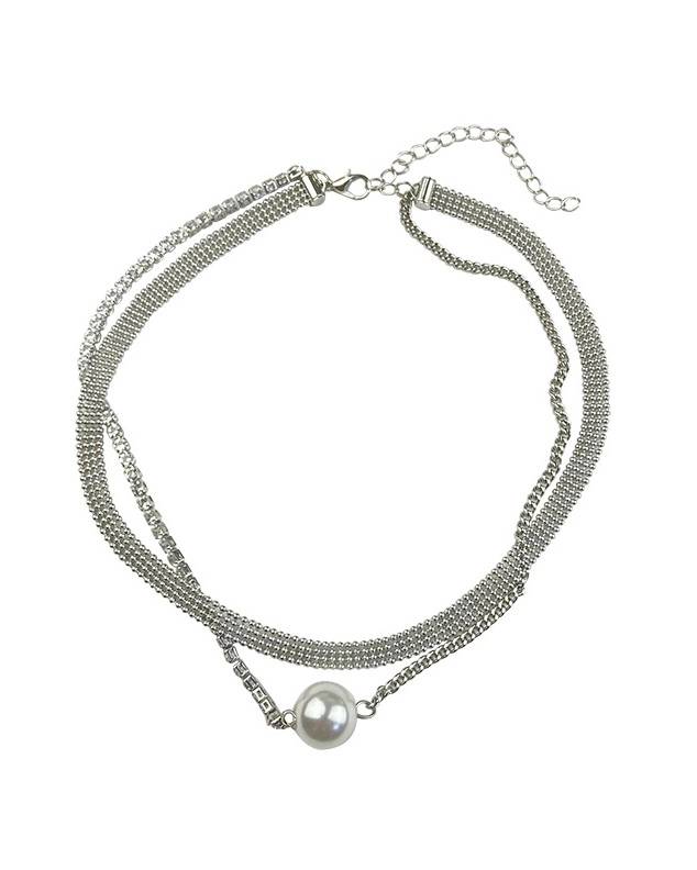 Silver Crystal Embezzled Pearl Layered Necklace | Shin Ha Ri