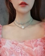 Silver Crystal Embezzled Pearl Layered Necklace | Shin Ha Ri