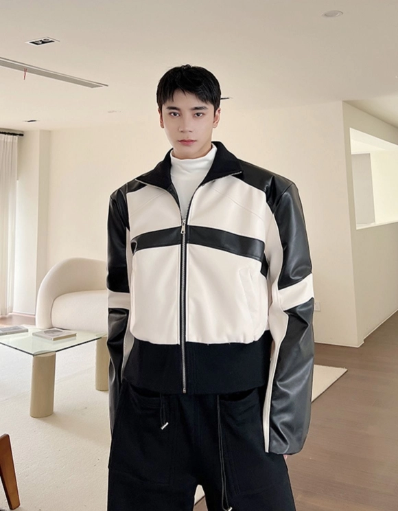 韓国系ユニセックス フェイクレザー中綿ジャケット 2色 g1471 White Contrasting Faux Leather Zip-Up Jacket | J.You - TO1