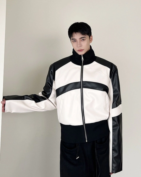 White Contrasting Faux Leather Zip-Up Jacket | J.You - TO1