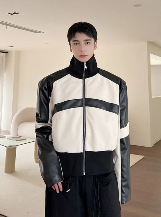 White Contrasting Faux Leather Zip-Up Jacket | J.You - TO1