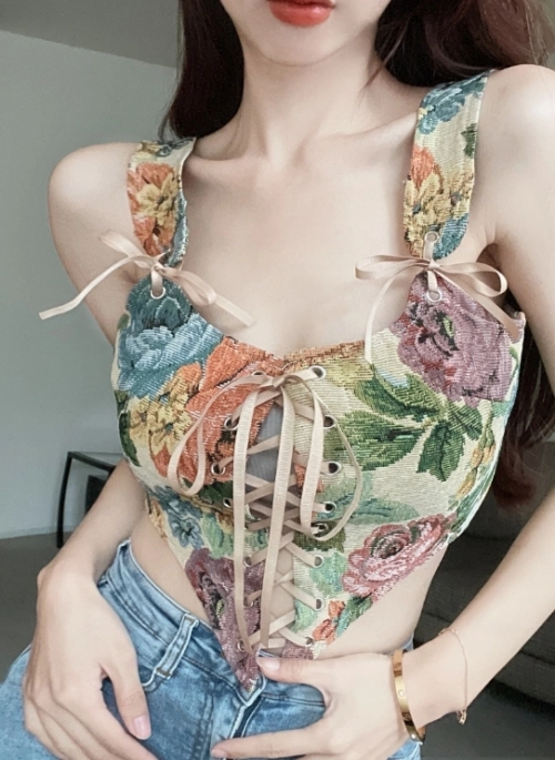 Beige Vintage Floral Corset Crop Top | Yoohyeon – Dreamcatcher