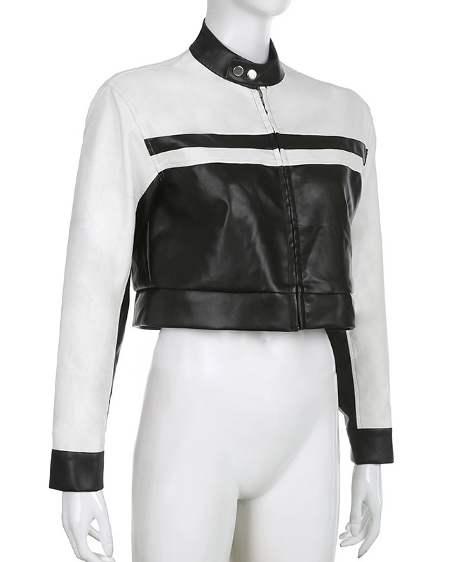 Black And White Contrast Cropped Faux Leather Jacket | Jihyo