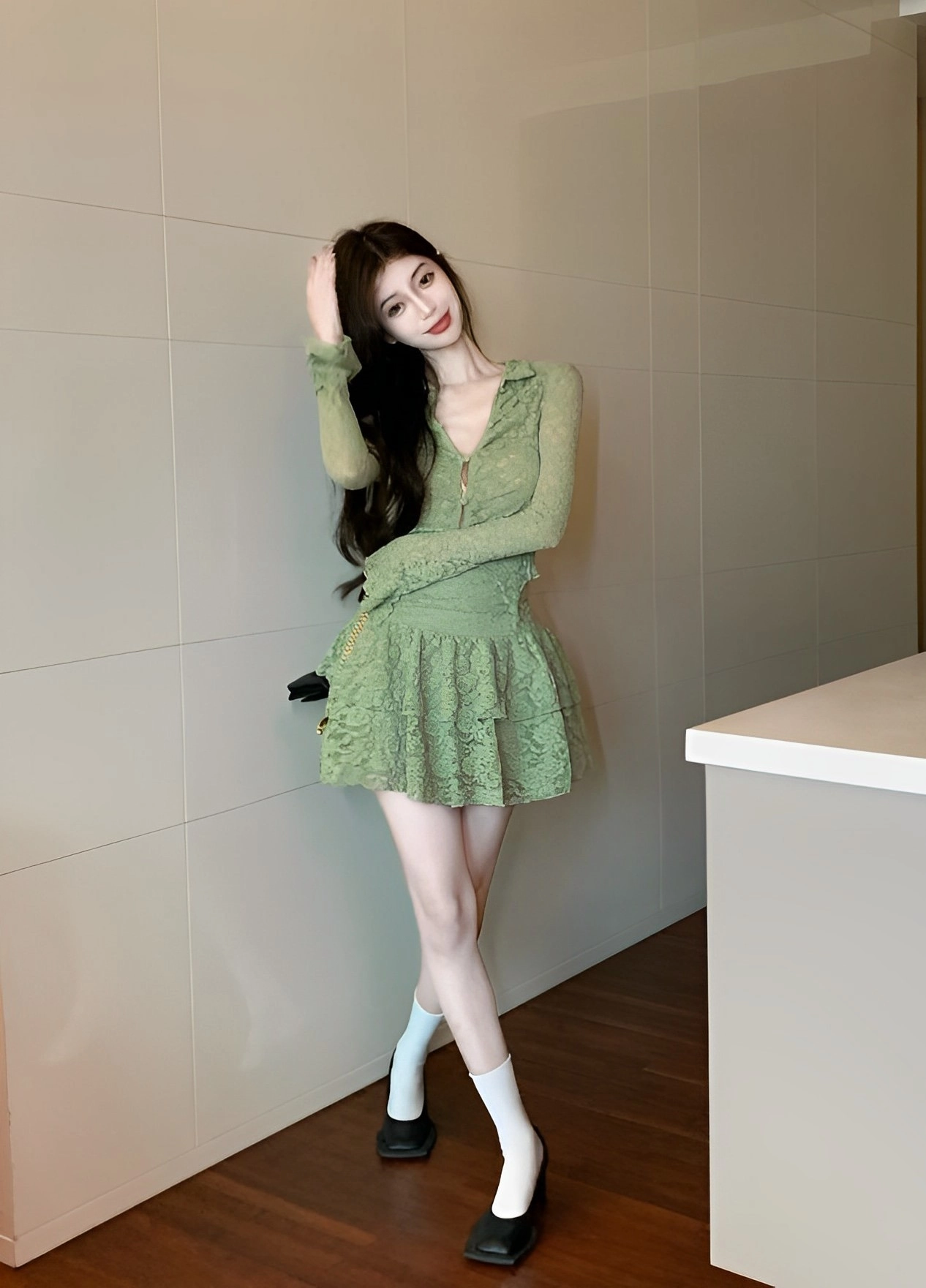 【mnem】Lily Lace Wrap Skirt Green Ruffled Lace Skirt | Lily - NMIXX - Fashion Chingu
