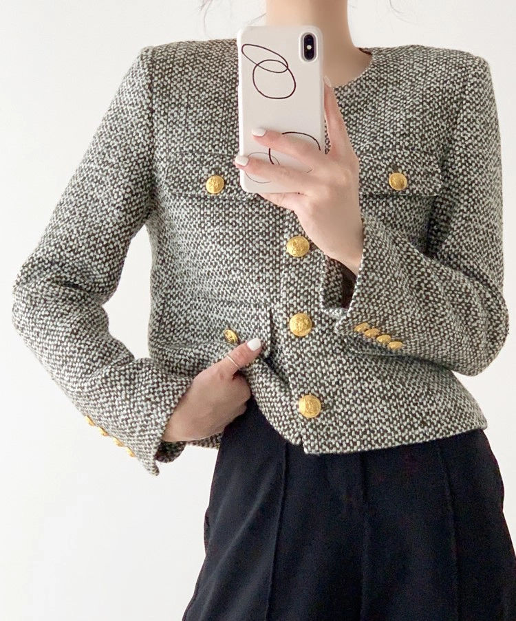 Grey Tweed Single Breasted Jacket | Lisa - BlackPink