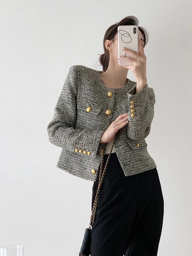Grey Tweed Single Breasted Jacket | Lisa - BlackPink