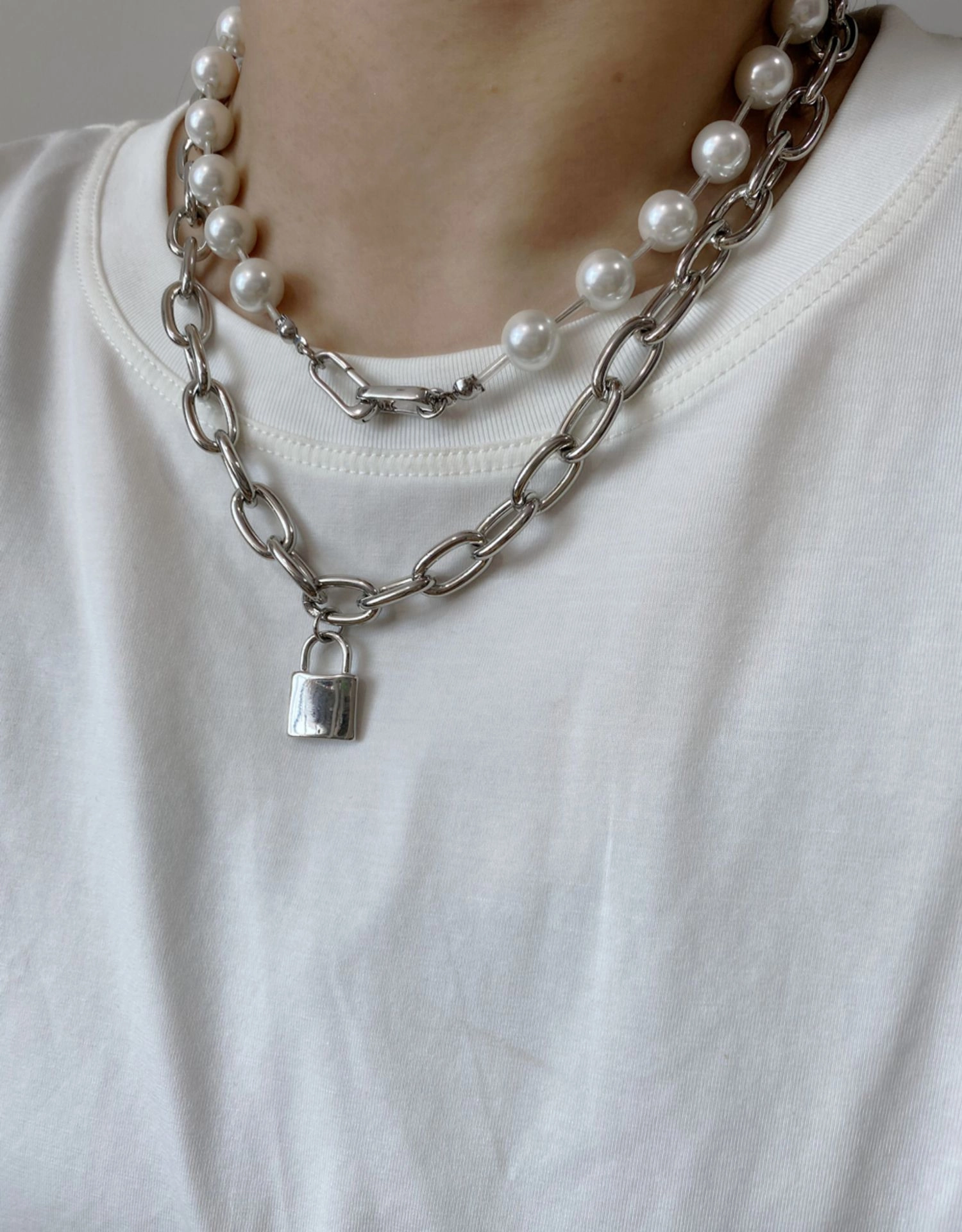 Silver Chain And Pearl Padlock Necklace | Jimin - BTS
