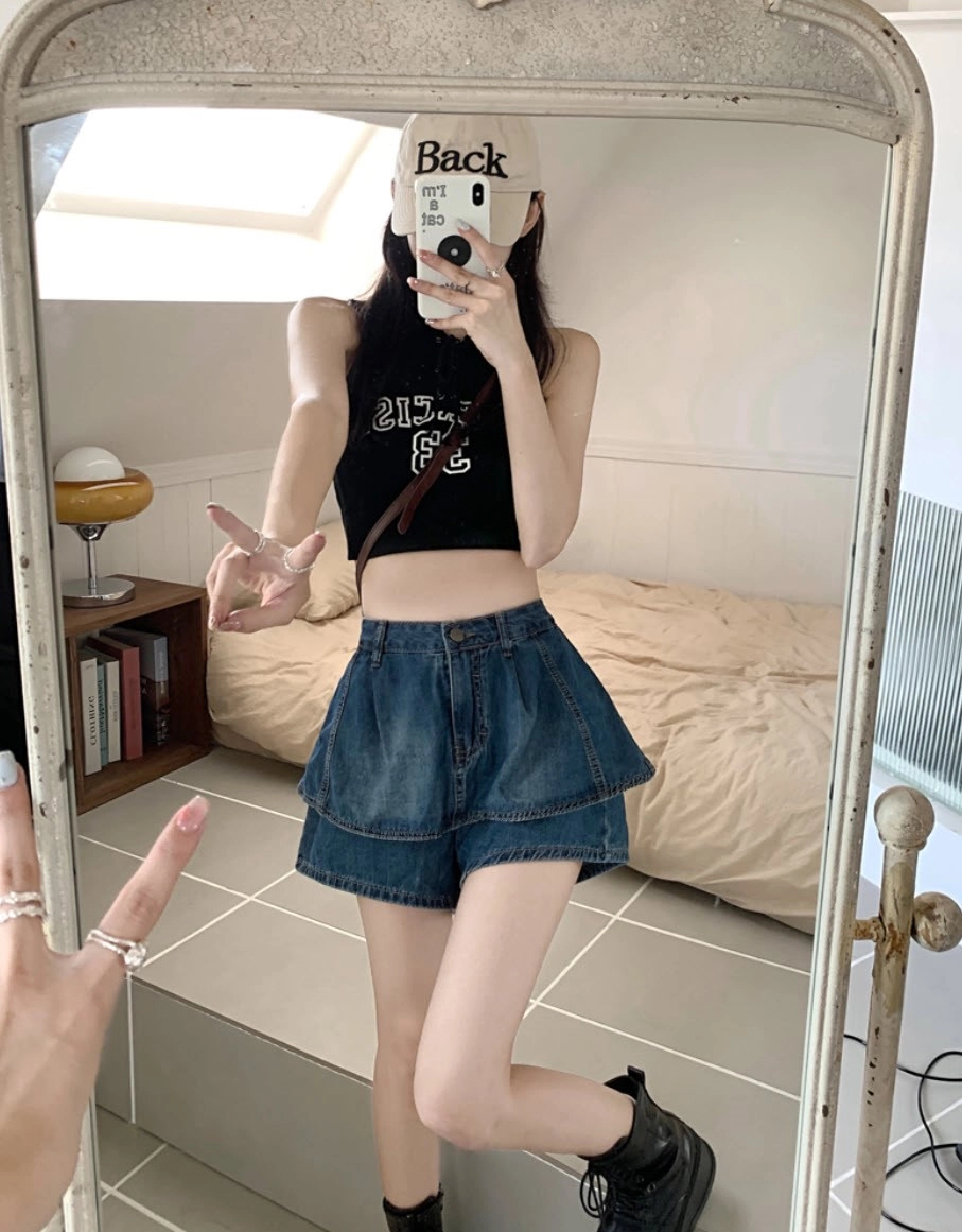 Blue Denim Layered Skorts | Sullyoon - NMIXX - Fashion Chingu