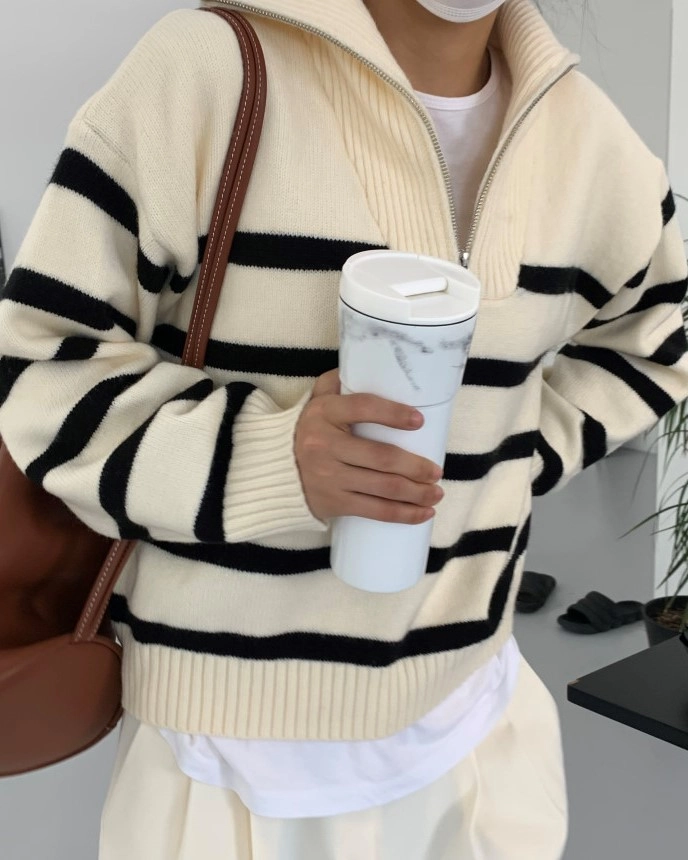 White Stripe Half Zip Sweater | Wendy - Red Velvet - Fashion