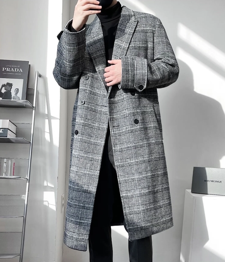 Grey Checkered Grid Trench Coat | Wonwoo - Seventeen - Fashion Chingu