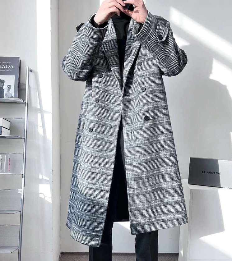 Grey Checkered Grid Trench Coat | Wonwoo - Seventeen - Fashion Chingu