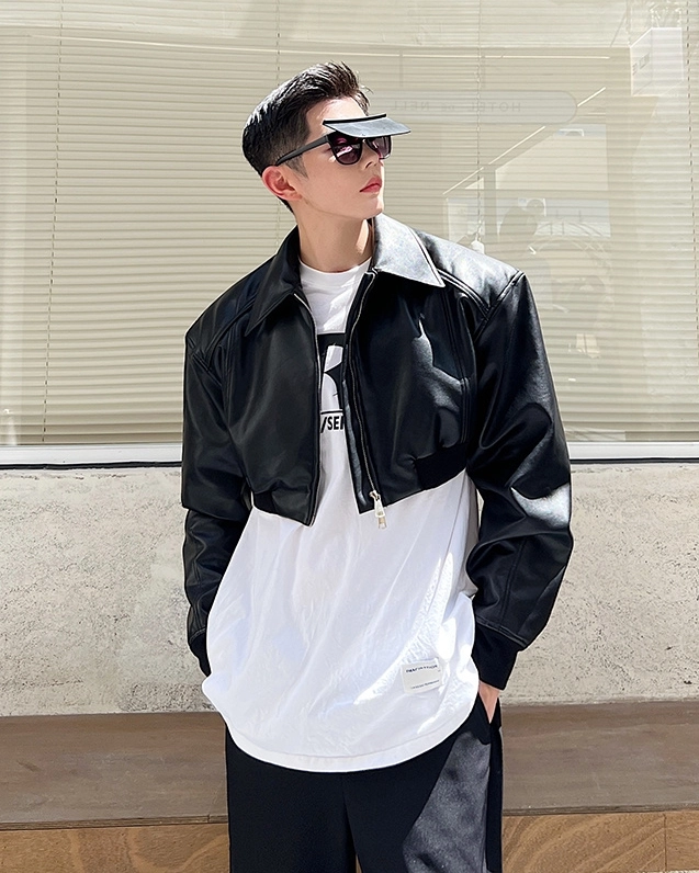 ジャケット・アウター SOFTHYPHEN FAUX LEATHER CROPPED SHIRT Black Faux Leather Cropped Jacket | Hoshi - Seventeen