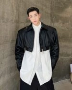 Black Faux Leather Cropped Jacket | Hoshi - Seventeen