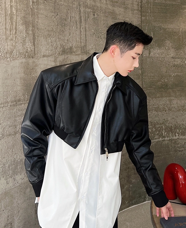 韓国 人気[LEATHERY] CUT OFF CCOTTON BLOUSON JACKET Black Faux Leather Cropped Jacket | Hoshi - Seventeen