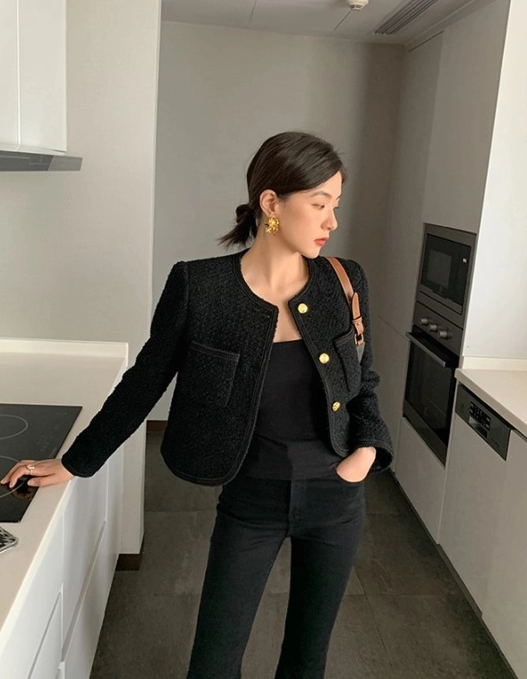 Black Round Edges Tweed Jacket | Lisa - BlackPink - Fashion