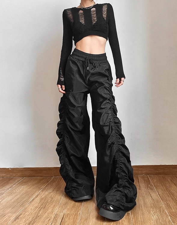 Black Ruched Wide Leg Pants | Chaewon - Le Sserafim