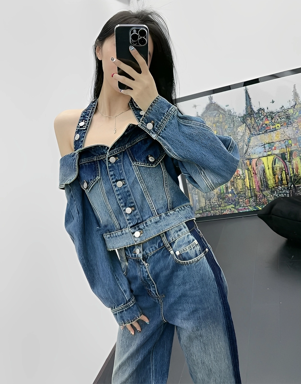 まゆげさま専用LE SSERAFIM CHAEWONJersey L Blue Halter Neck Off-Shoulder Denim Top | Chaewon - Le