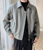 Grey Faux Leather Collared Jacket | Wonwoo - Seventeen
