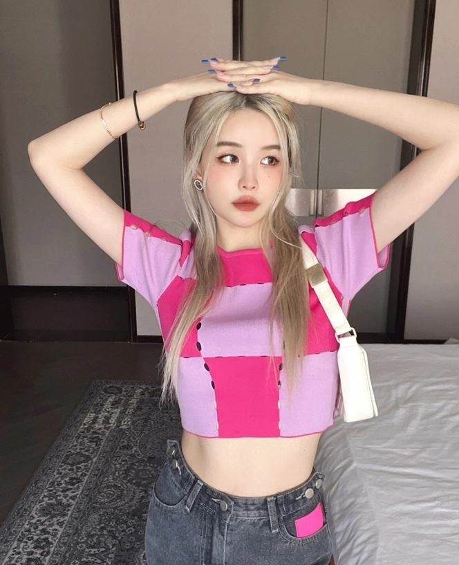 Pink Checkered Stitched Crop T-Shirt | Jennie - BlackPink