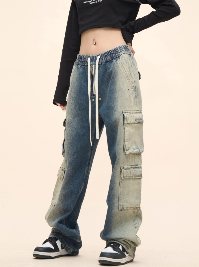 【BAON】Senmo washed denim banding wide cargo pants Mono B Mineral Wash Wide Leg Cotton Cargo Pants KPR12236