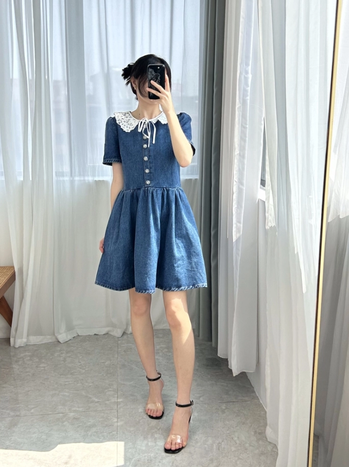 Blue Lace Collared Denim Dress | Dahyun - Twice - Fashion Chingu