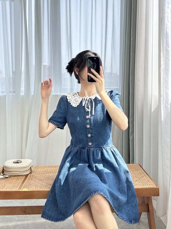 Blue Lace Collared Denim Dress | Dahyun - Twice - Fashion Chingu